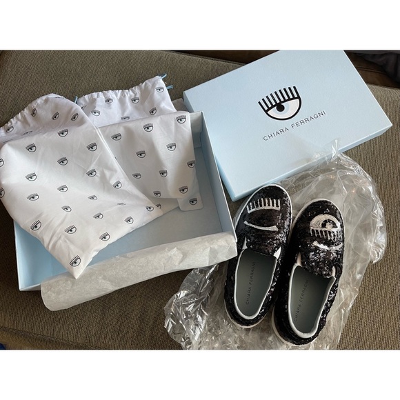 NIB $395 Chiara Ferragni Black/Silver Glitter Slip On Sneakers-Size 36 Women’s - Picture 2 of 15